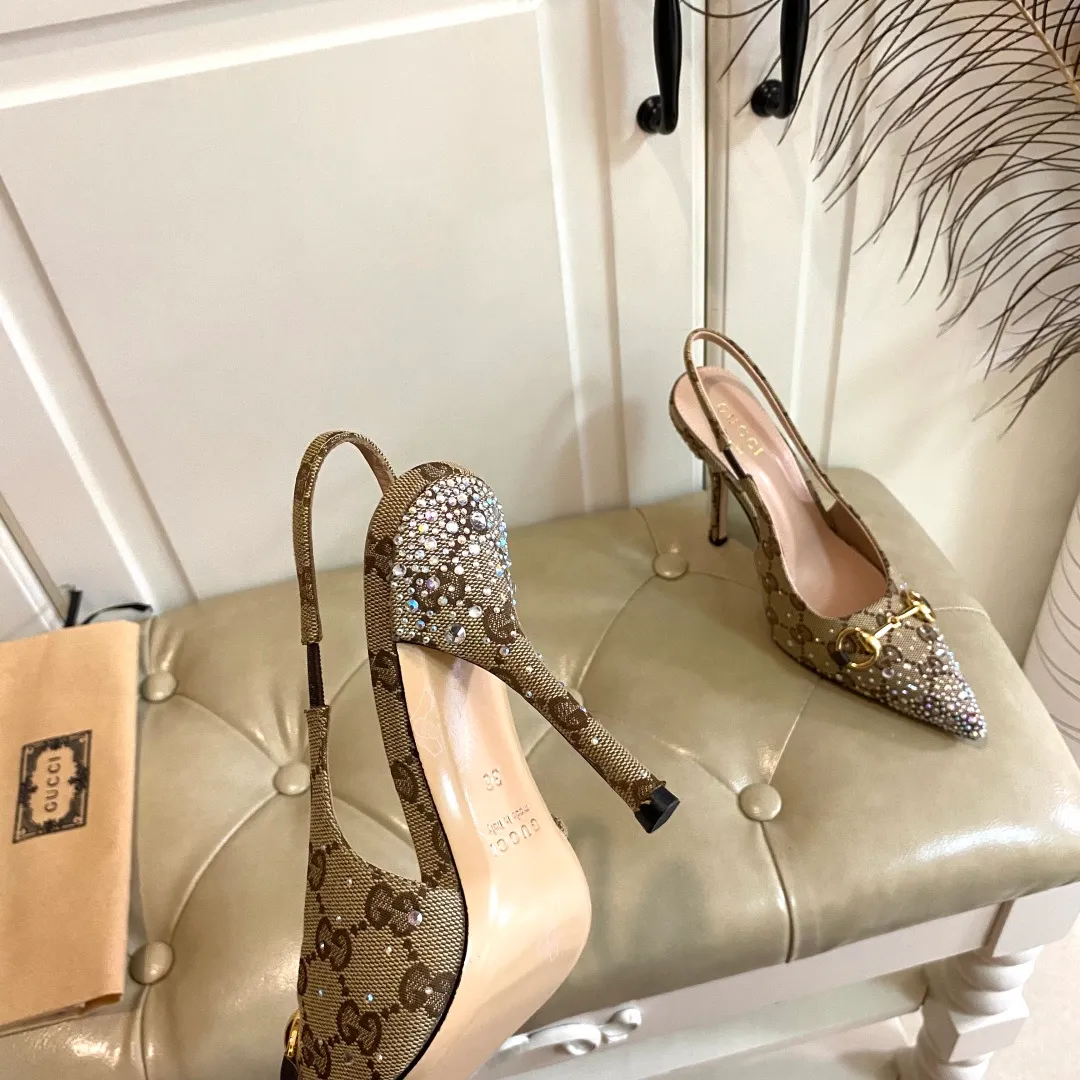 👟👟Ex-factory price 660👟👟, Gucci high heels, original canvas embellished with bright crystals, sheepskin lining, leather outsole, size 35-40 (41 customized, non-refundable)